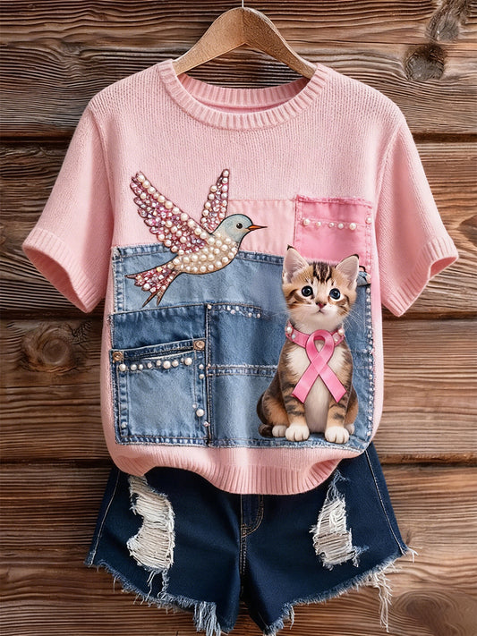 Női művészi állat nyomtatás kényelmes kötött rövid ujjú felső