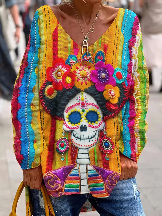 Évjárat mexikói nap a halott művészet nyomtatás alkalmi v-nyak felső