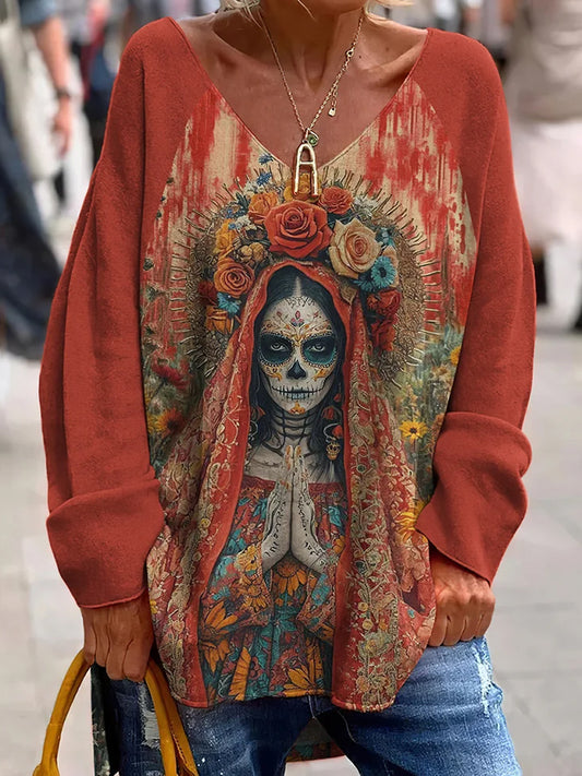 Évjárat mexikói nap a halott művészet nyomtatás alkalmi v-nyak felső