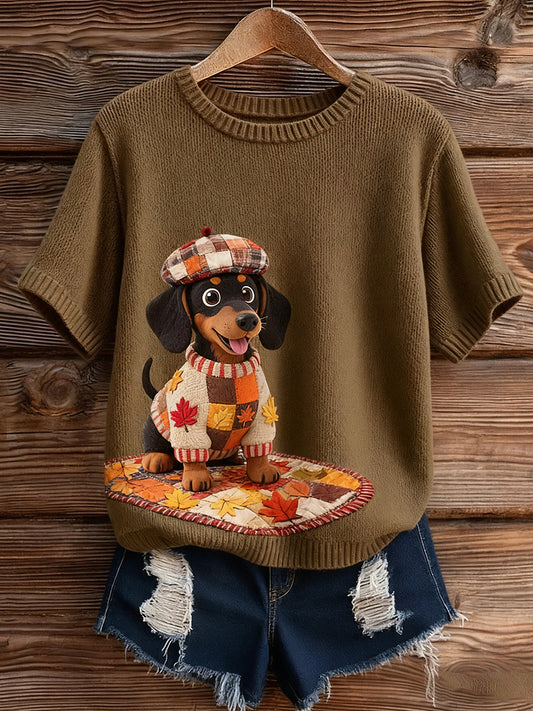 Női művészi állat nyomtatás kényelmes kötött rövid ujjú felső