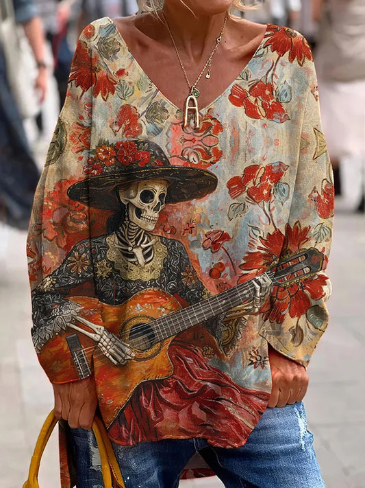 Évjárat mexikói nap a halott művészet nyomtatás alkalmi v-nyak felső