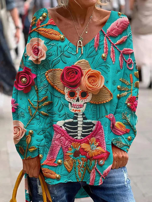 Évjárat mexikói nap a halott művészet nyomtatás alkalmi v-nyak felső