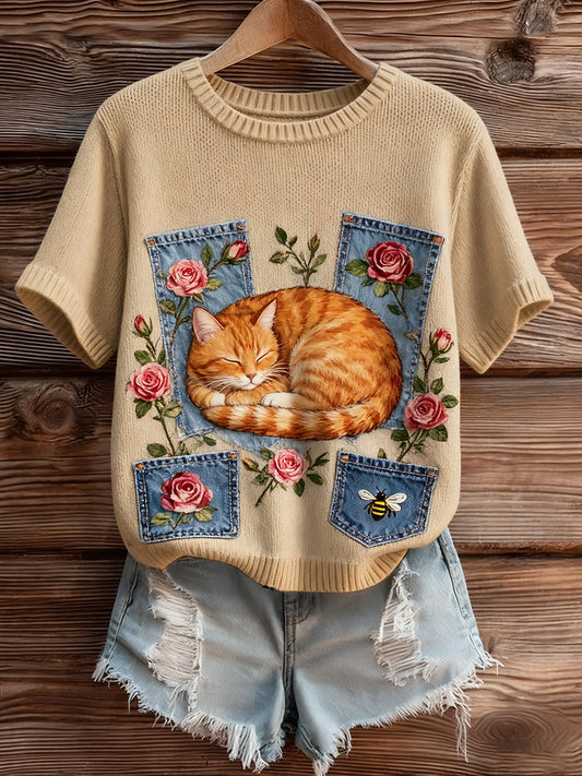 Női művészi állat nyomtatás kényelmes kötött rövid ujjú felső