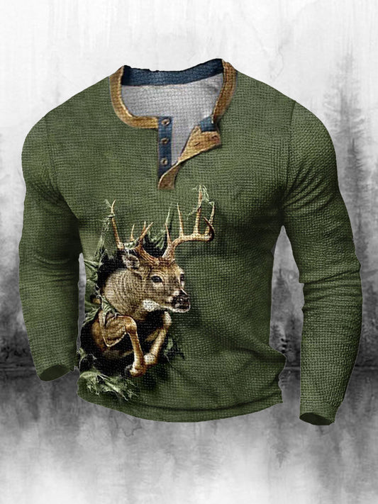 Férfi retro western nyomtatás turtleneck laza 3 gomb henley nyak hosszú ujjú felső