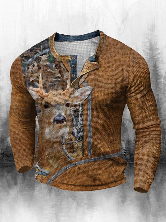 Férfi retro western nyomtatás turtleneck laza 3 gomb henley nyak hosszú ujjú felső