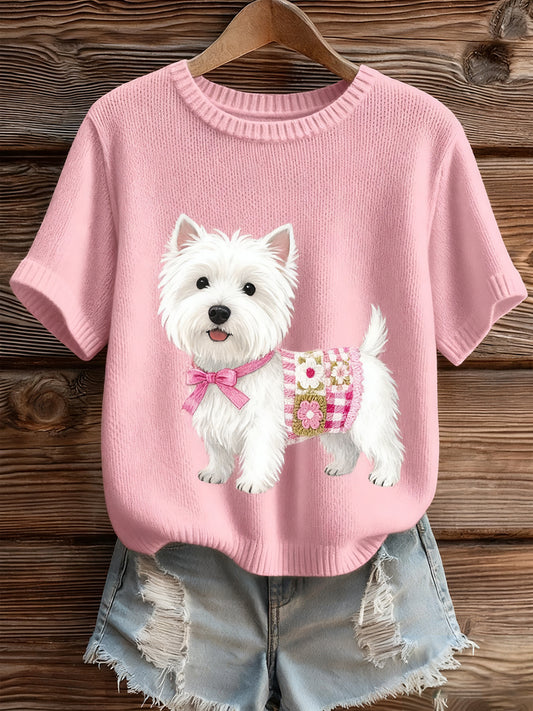 Női művészi állat nyomtatás kényelmes kötött rövid ujjú felső