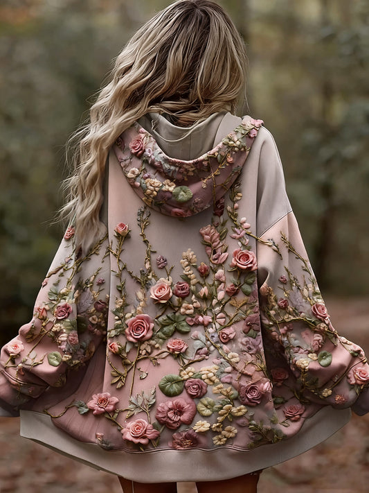 Női vintage virágos patchwork art nyomtatás kényelmes alkalmi hoodie