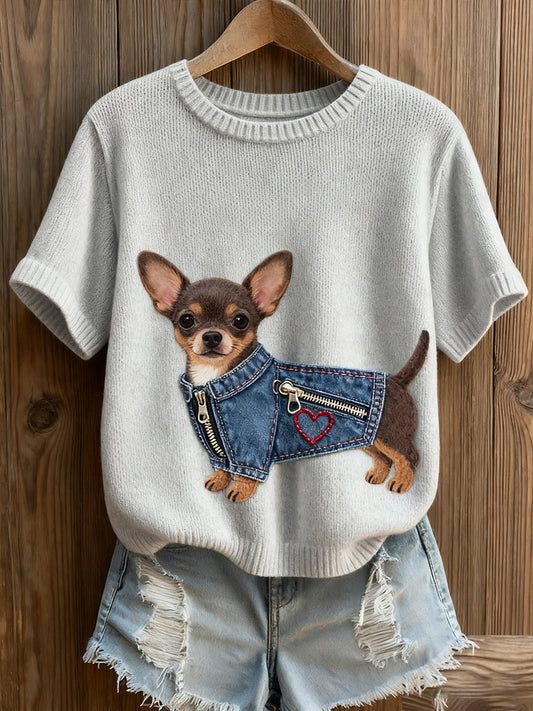 Női művészi állat nyomtatás kényelmes kötött rövid ujjú felső