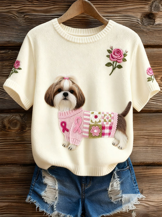 Női művészi állat nyomtatás kényelmes kötött rövid ujjú felső