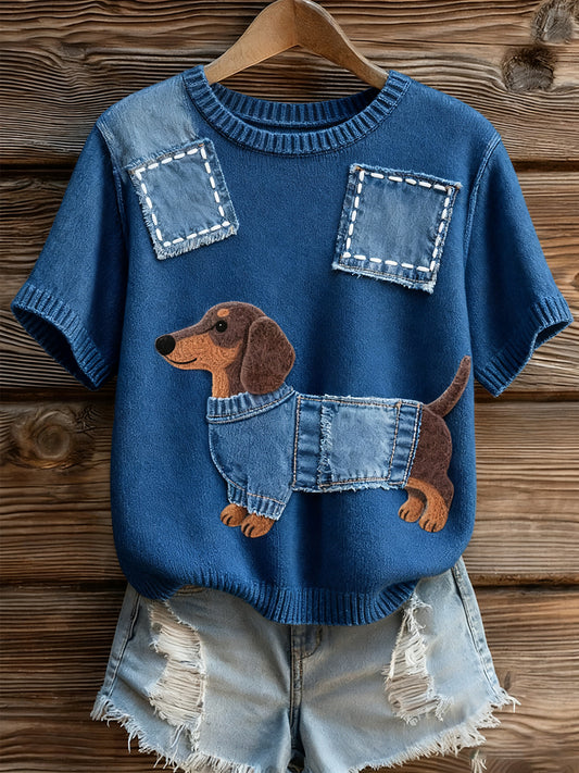 Női művészi állat nyomtatás kényelmes kötött rövid ujjú felső