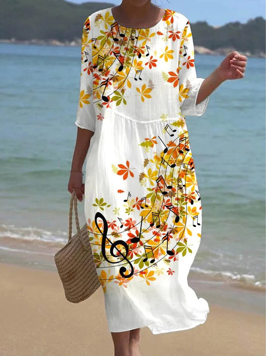 Női alkalmi kerek nyak virágos művészet nyomtatás temperamentum ruha