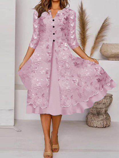 Női virágos művészet nyomtatás zseb v-nyak középső ujjú ruha