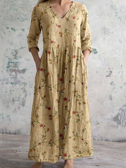 Vintage virág művészet nyomtatás elegáns v-nyak hosszú ujjú elegáns midi ruha