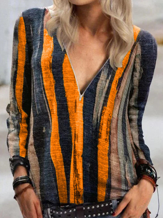Női alkalmi v-nyakú nyakkendő festék csík nyomtatás hosszú ujjú póló felső