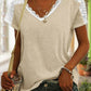 Női alkalmi v-nyak csipke varrás egyszínű rövid ujjú felső póló