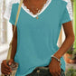 Női alkalmi v-nyak csipke varrás egyszínű rövid ujjú felső póló