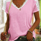 Női alkalmi v-nyak csipke varrás egyszínű rövid ujjú felső póló