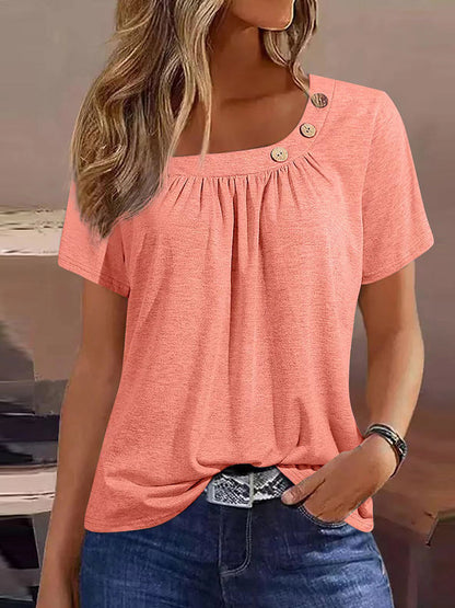 Női alkalmi kerek nyak egyszínű gomb elem rövid ujjú felső póló