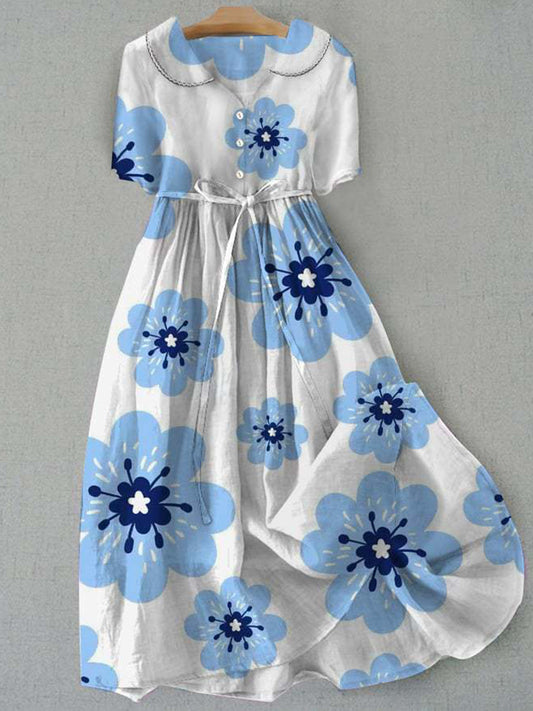 Retro boho virágos nyomtatás vintage elegáns kerek nyak gomb hosszú ujjú midi ruha