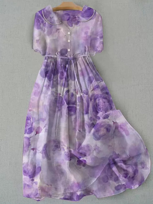 Retro boho virágos nyomtatás vintage elegáns kerek nyak gomb hosszú ujjú midi ruha