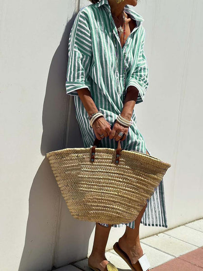 Női ing gallér csíkos laza alkalmi nyaralás maxi szoknya