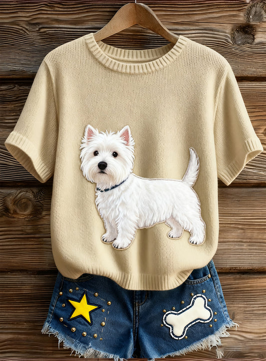 Női művészi állat nyomtatás kényelmes kötött rövid ujjú felső