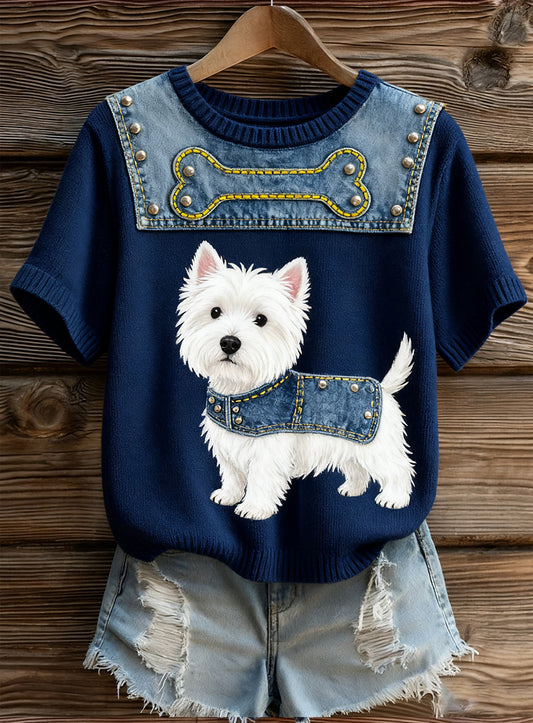 Női művészi állat nyomtatás kényelmes kötött rövid ujjú felső