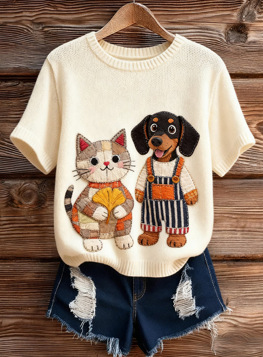 Női művészi állat nyomtatás kényelmes kötött rövid ujjú felső