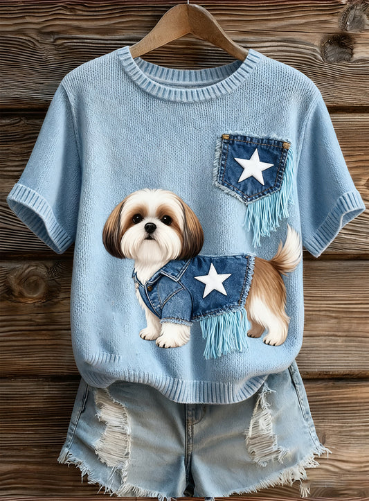 Női művészi állat nyomtatás kényelmes kötött rövid ujjú felső