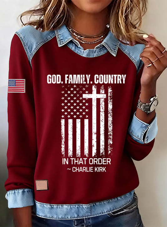 Női "szabadság nem szabad" amerikai zászló nyomtatás alkalmi hosszú ujjú top