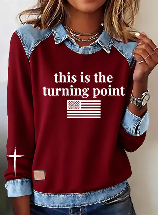 Női "szabadság nem szabad" amerikai zászló nyomtatás alkalmi hosszú ujjú top