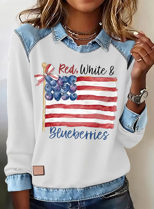 Női "szabadság nem szabad" amerikai zászló nyomtatás alkalmi hosszú ujjú top