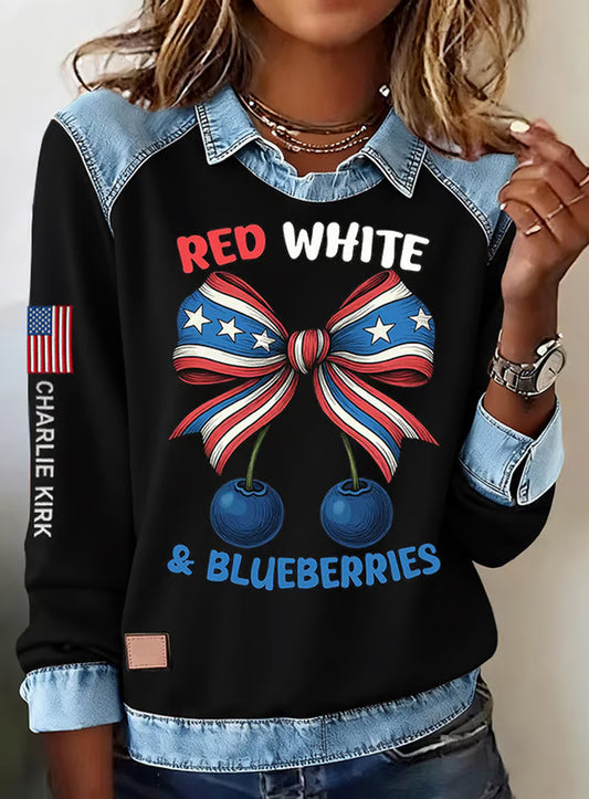 Női "szabadság nem szabad" amerikai zászló nyomtatás alkalmi hosszú ujjú top