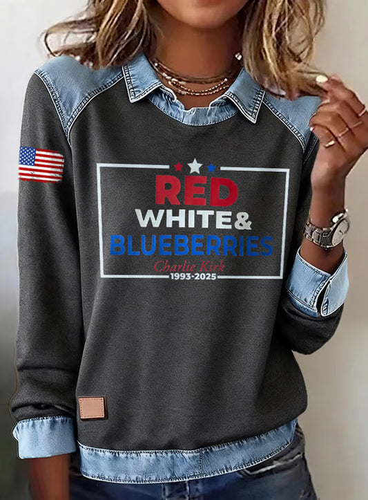 Női "szabadság nem szabad" amerikai zászló nyomtatás alkalmi hosszú ujjú top