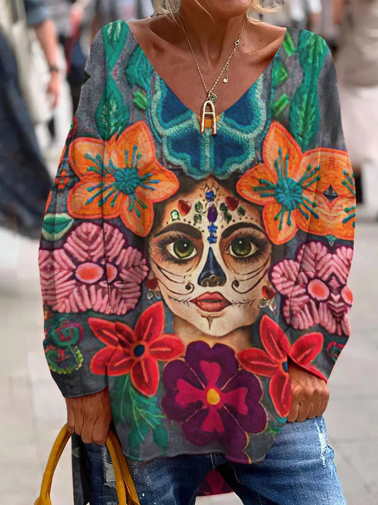 Évjárat mexikói nap a halott művészet nyomtatás alkalmi v-nyak felső