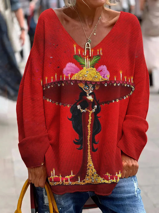 Évjárat mexikói nap a halott művészet nyomtatás alkalmi v-nyak felső