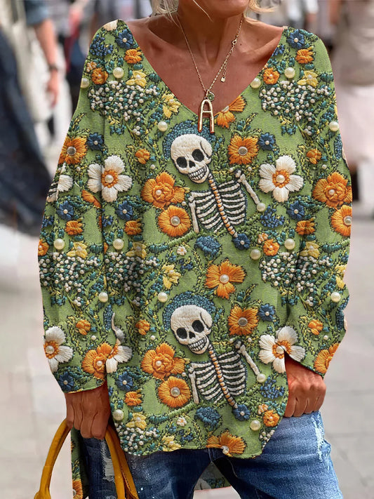 Évjárat mexikói nap a halott művészet nyomtatás alkalmi v-nyak felső