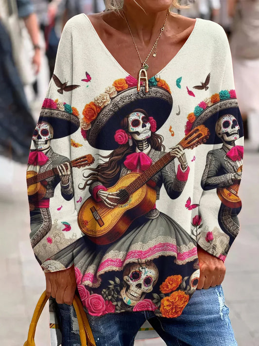 Évjárat mexikói nap a halott művészet nyomtatás alkalmi v-nyak felső