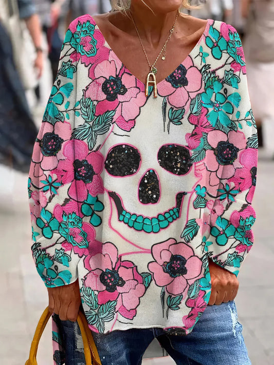 Évjárat mexikói nap a halott művészet nyomtatás alkalmi v-nyak felső