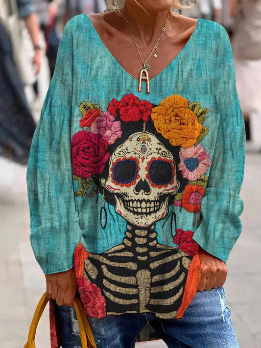 Évjárat mexikói nap a halott művészet nyomtatás alkalmi v-nyak felső