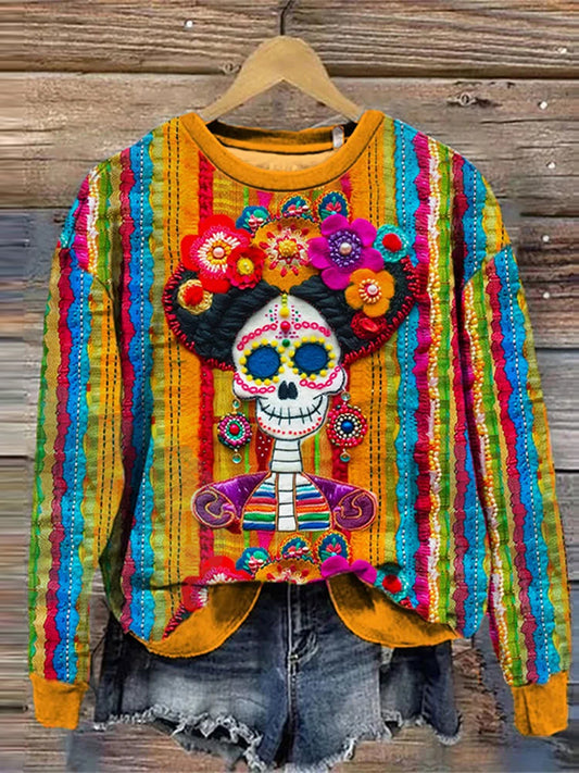 Vintage mexikói day of the dead art print alkalmi és kényelmes pulóver