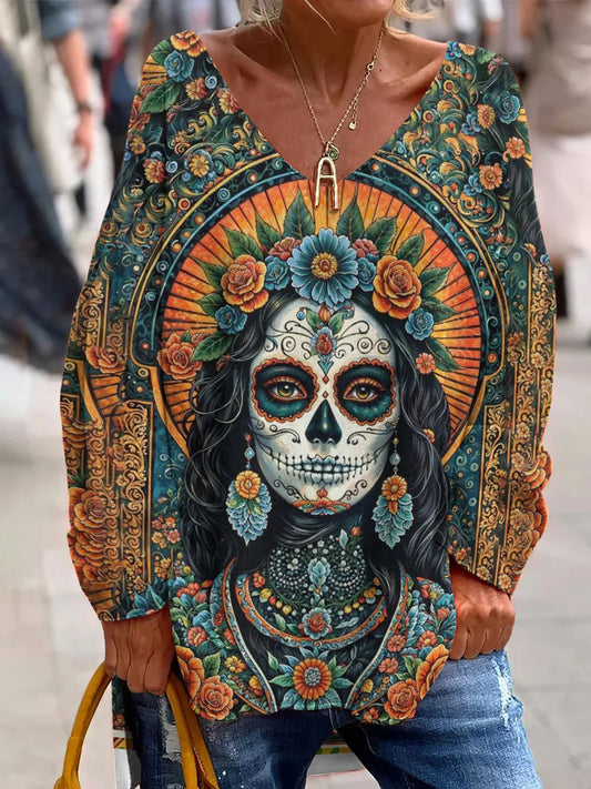 Évjárat mexikói nap a halott művészet nyomtatás alkalmi v-nyak felső