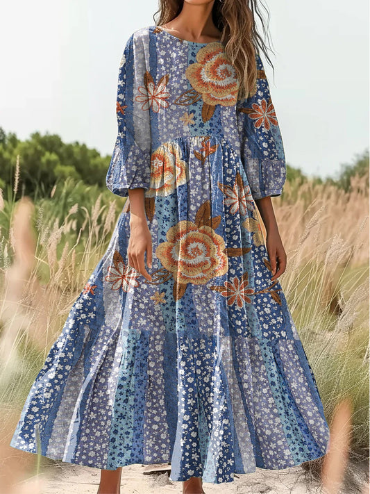 Retro boho virágos nyomtatás vintage elegáns kerek nyak pamut hosszú ujjú midi ruha