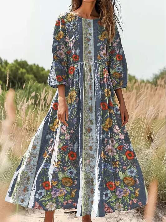 Retro boho virágos nyomtatás vintage elegáns kerek nyak pamut hosszú ujjú midi ruha