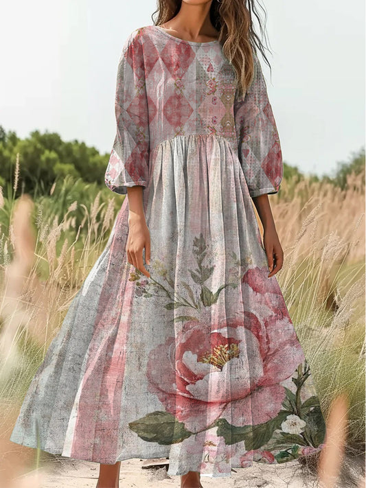 Retro boho virágos nyomtatás vintage elegáns kerek nyak pamut hosszú ujjú midi ruha