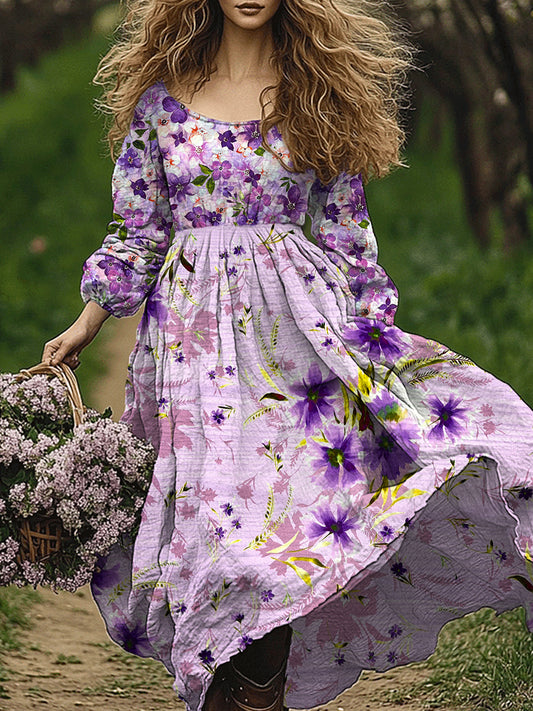 Retro boho virág művészet nyomtatás vintage elegáns kerek nyakú hosszú ujjú midi ruha