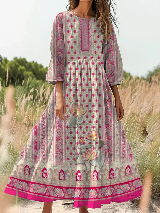 Retro boho virágos nyomtatás vintage elegáns kerek nyak pamut hosszú ujjú midi ruha
