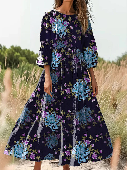 Retro boho virágos nyomtatás vintage elegáns kerek nyak pamut hosszú ujjú midi ruha