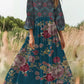 Retro boho virágos nyomtatás vintage elegáns kerek nyak pamut hosszú ujjú midi ruha