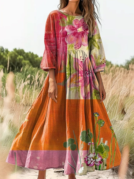 Retro boho virágos nyomtatás vintage elegáns kerek nyak pamut hosszú ujjú midi ruha